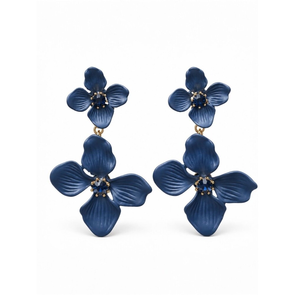 RACHEL Rachel Roy Blue Floral Statement Earrings Gold Tone Crystal Drop NWT
